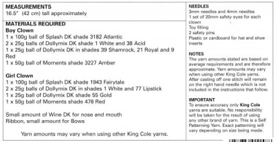 Knitting Pattern - King Cole 9127 - Splash DK - Splishy & Splashy Clowns